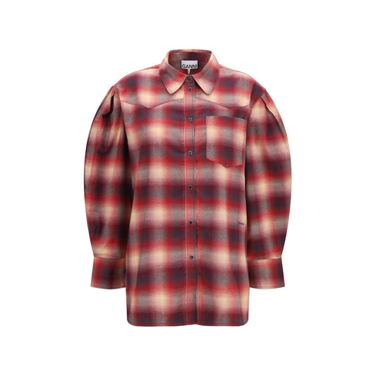 Shirt by Ganni for women in cotton flannel multicolor, red, patterned & checked features an architectural silhouette with a refined and elegant for a architectural look.