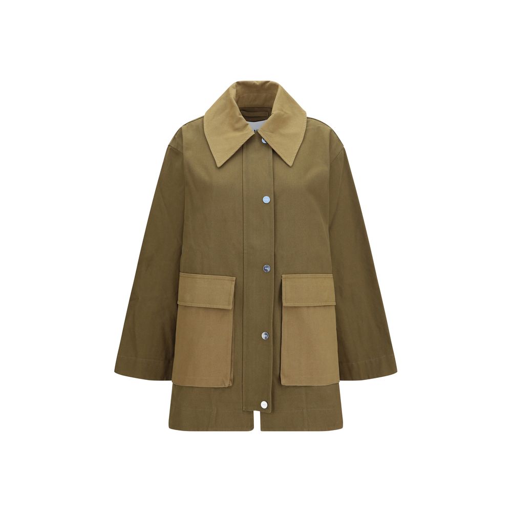 Overcoat by Ganni for women in organic cotton bicolour presents a luxurious silhouette, showcasing a luxurious and sophisticated pockets for a premium, luxurious look.