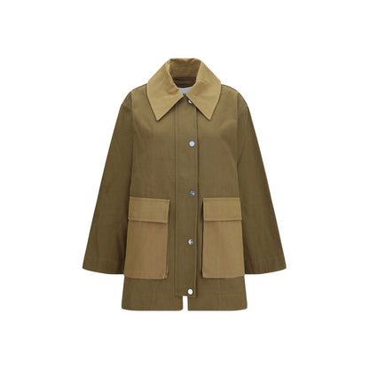 Overcoat by Ganni for women in organic cotton bicolour presents a luxurious silhouette, showcasing a luxurious and sophisticated pockets for a premium, luxurious look.