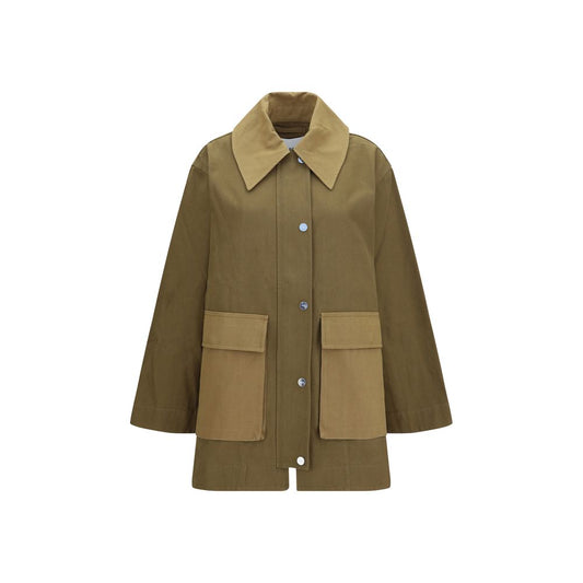 Overcoat by Ganni for women in organic cotton bicolour presents a luxurious silhouette, showcasing a luxurious and sophisticated pockets for a premium, luxurious look.