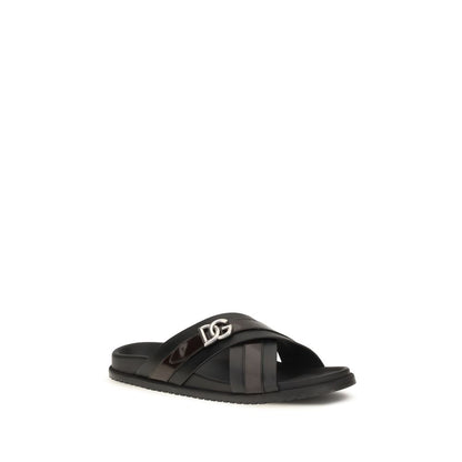 Slider Sandals by Dolce & Gabbana for men in bos taurus calf leather and black & palladium presents a captivating silhouette, showcasing the signature style of the Men's Bos Taurus Calf Leather Slider Sandals with a captivating and captivating .