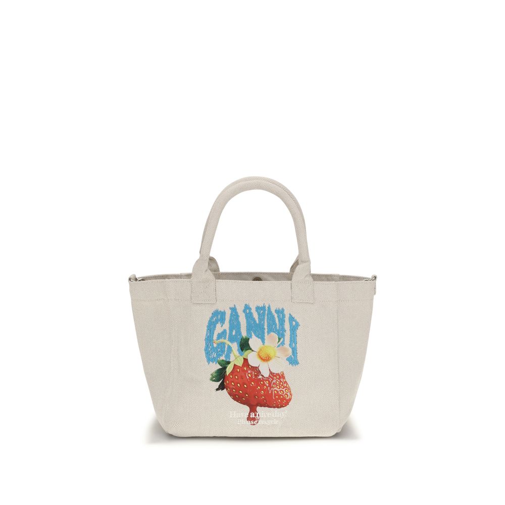 Small Shoulder Bag by Ganni for women in polyester canvas beige, raspberry & print features a effortless sophistication silhouette, secured by a zipper & open-top with ample and versatile shoulder-strap & handle for a effortless sophistication finish.