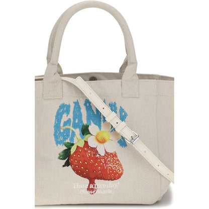 Small Shoulder Bag by Ganni for women in polyester canvas beige, raspberry & print features an effortlessly chic silhouette with a secure zipper & open-top, ample , and versatile shoulder-strap & handle for effortlessly chic everyday luxury.