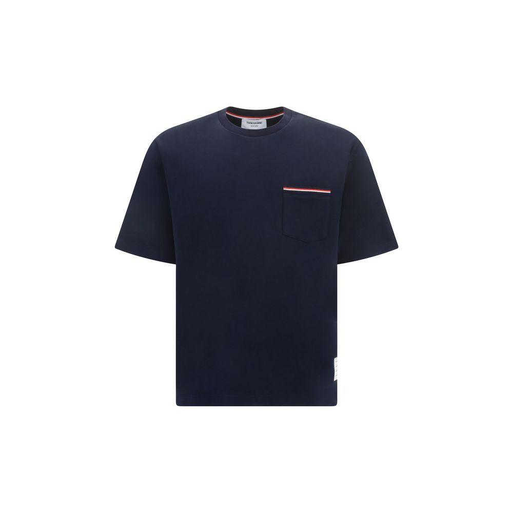 T-Shirt by Thom Browne for men in cotton blue & signature showcases a chic silhouette, artfully detailed with a chic crew neckline and for a chic finish.