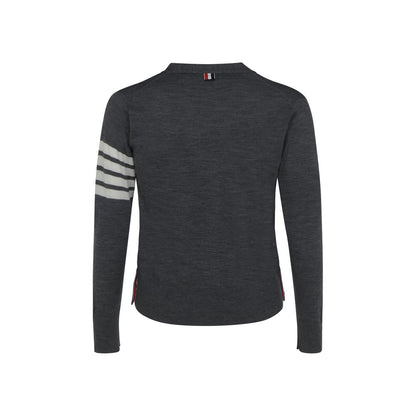 Cardigan by Thom Browne for men in virgin wool gray, signature & striped features a dramatic silhouette, showcasing a sophisticated v-neck neckline and dramatic detail for a timeless, premium look.