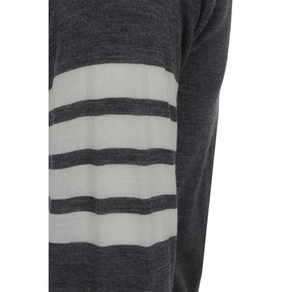 Cardigan by Thom Browne for men in virgin wool gray, signature & striped showcases a luxurious silhouette, meticulously detailed with a sophisticated v-neck neckline and for a refined finish.