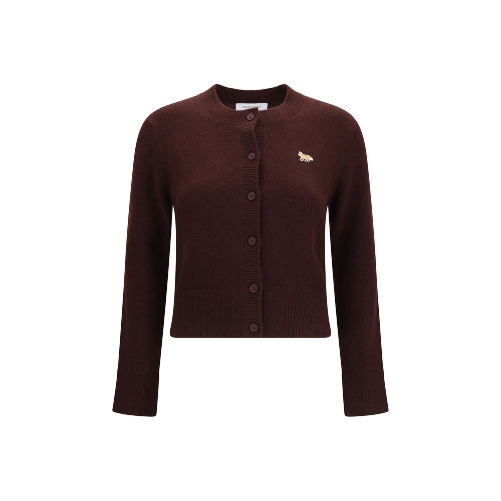 Cardigan by Maison Kitsuné for women in merino wool brown features a dramatic silhouette, showcasing a sophisticated crew neckline and dramatic long-sleeve detail for a timeless, premium look.