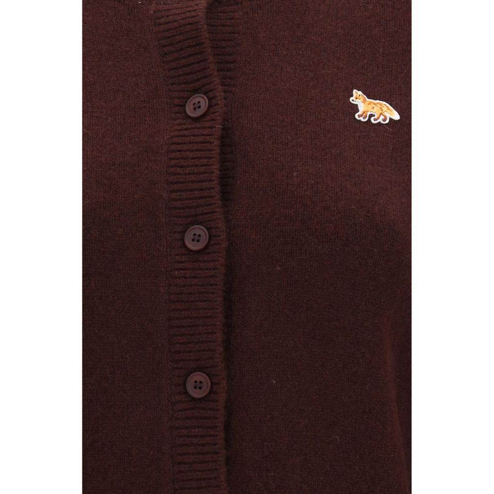Cardigan by Maison Kitsuné for women in merino wool brown presents a textural silhouette, artfully finished with a textural and for a sophisticated, textural look.