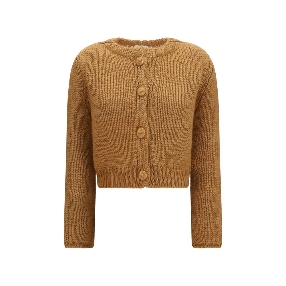 Cardigan by Forte_Forte for women in silk mohair & capra leather brown features a nuanced silhouette with a refined round neckline and nuanced long-sleeve detailing for a sophisticated look.