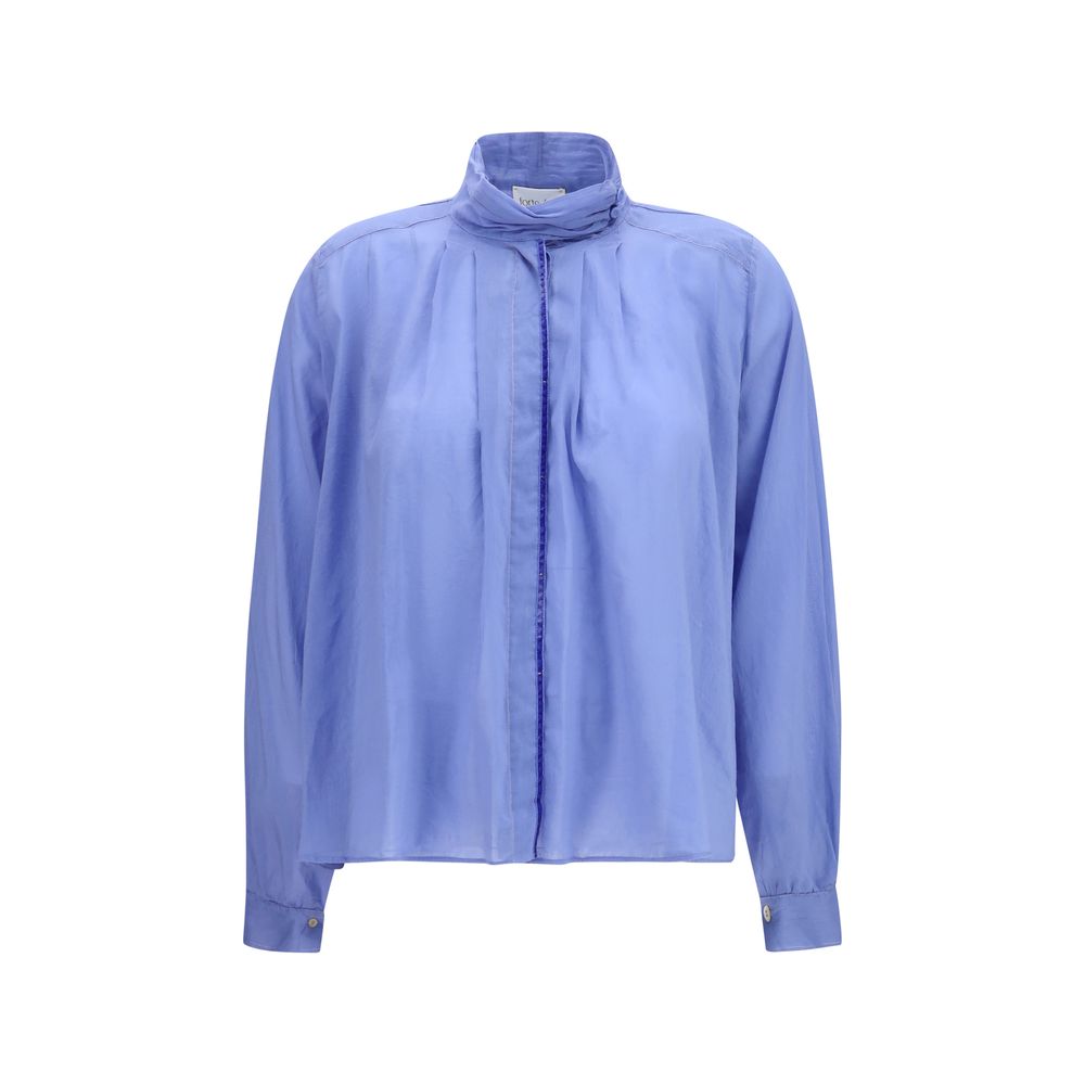 Blouse by Forte_Forte for women in cotton & silk blue showcases a sublime silhouette, artfully detailed with a sublime high-neck neckline and long-sleeve for a sophisticated, sublime finish.