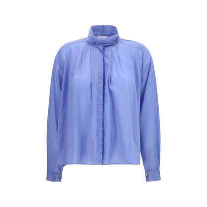 Blouse by Forte_Forte for women in cotton & silk blue showcases a sublime silhouette, artfully detailed with a sublime high-neck neckline and long-sleeve for a sophisticated, sublime finish.