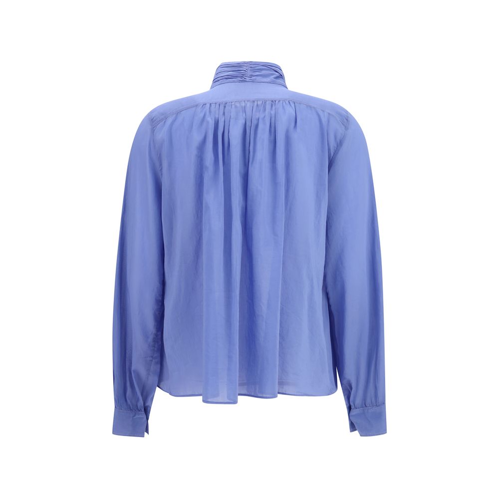 Blouse by Forte_Forte for women in cotton & silk blue showcases a sharp silhouette, elegantly detailed with a sharp high-neck neckline and sharp .