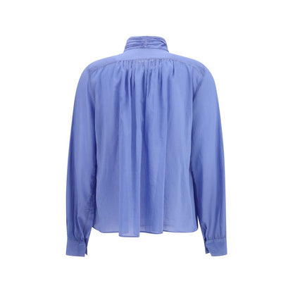 Blouse by Forte_Forte for women in cotton & silk blue showcases a sharp silhouette, elegantly detailed with a sharp high-neck neckline and sharp .