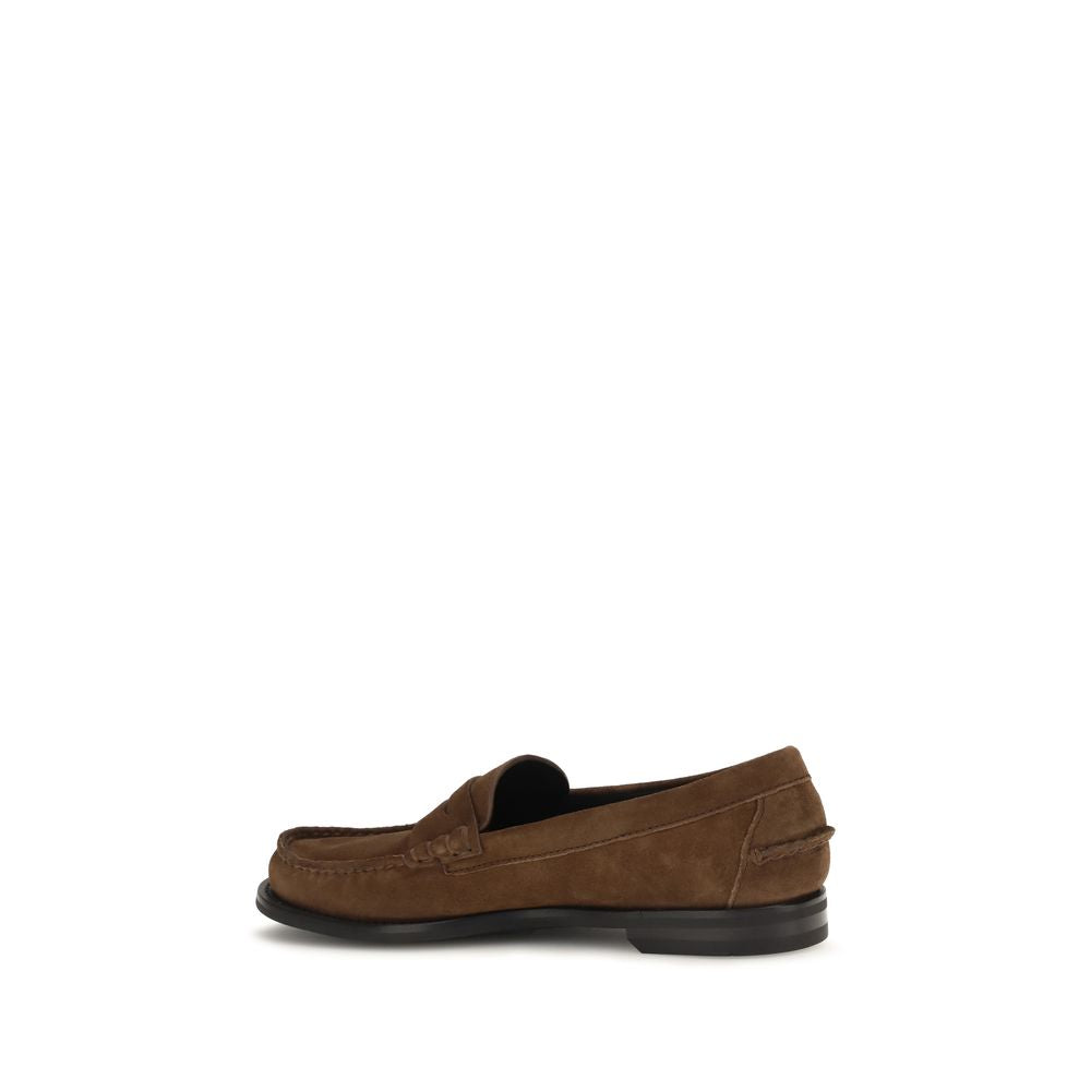 Loafer Slip-On Strap Shoes by Prada for men in bos taurus calf suede leather brown features an effortless chic silhouette, showcasing the Men's Bos Taurus Calf Suede Leather Loafer Slip-On Strap Shoes design with an effortless chic and a for a effortless chic look.