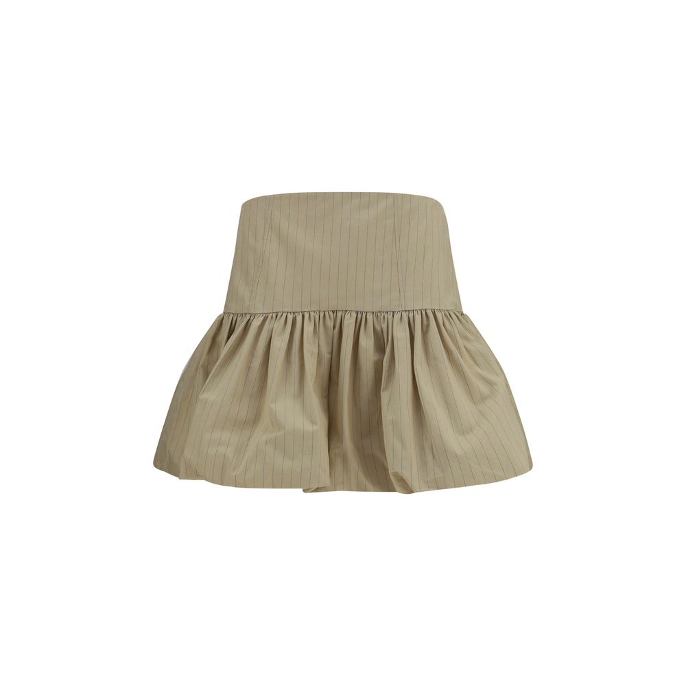 Skirt by Ganni for women in linen & cotton beige & striped features a captivating silhouette, showcasing the captivating Women's Linen & Cotton Mini Skirt design with a sophisticated mini for a captivating look.