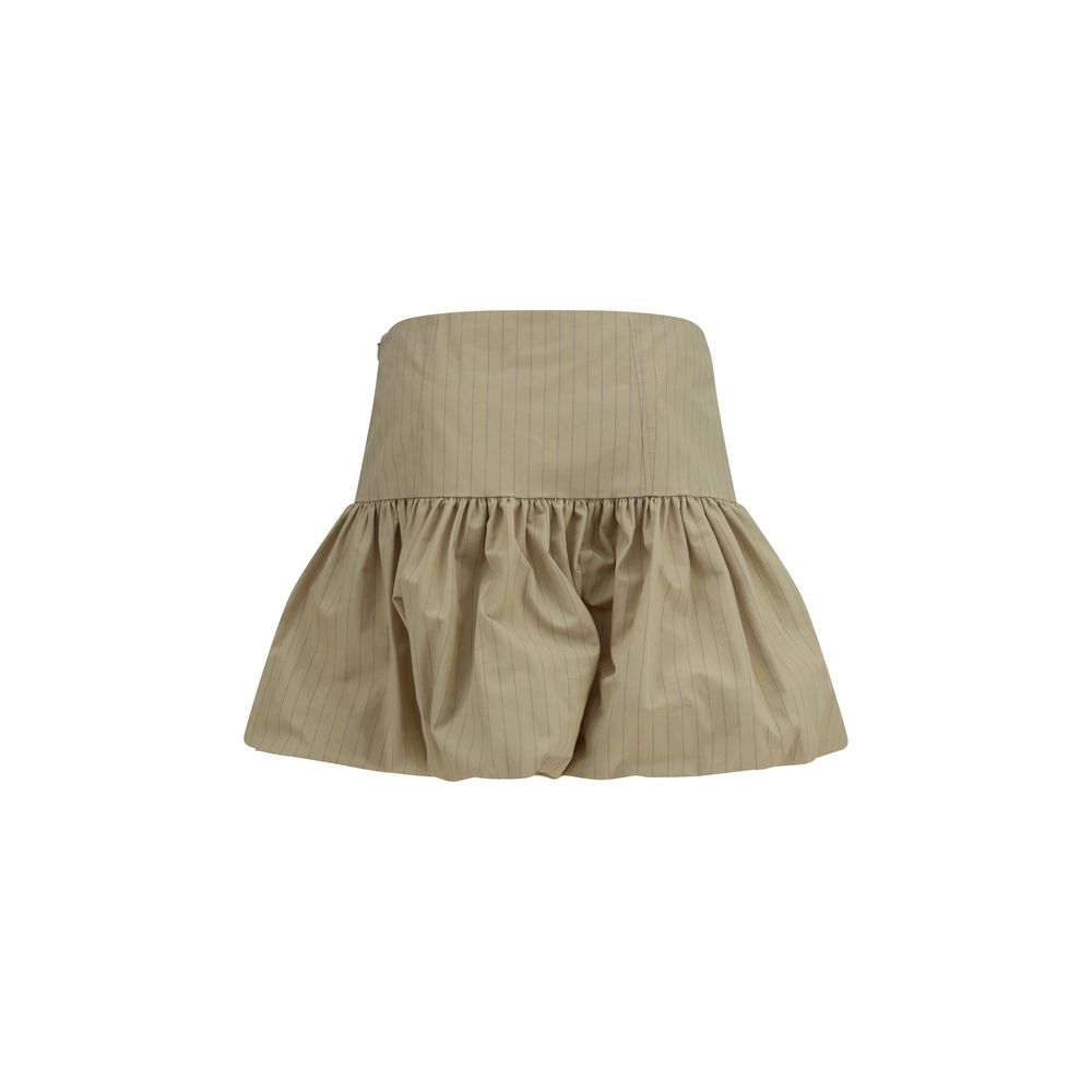 Skirt by Ganni for women in linen & cotton beige & striped features an tailored silhouette, artfully capturing the essence of Women's Linen & Cotton Mini Skirt in a sophisticated mini.
