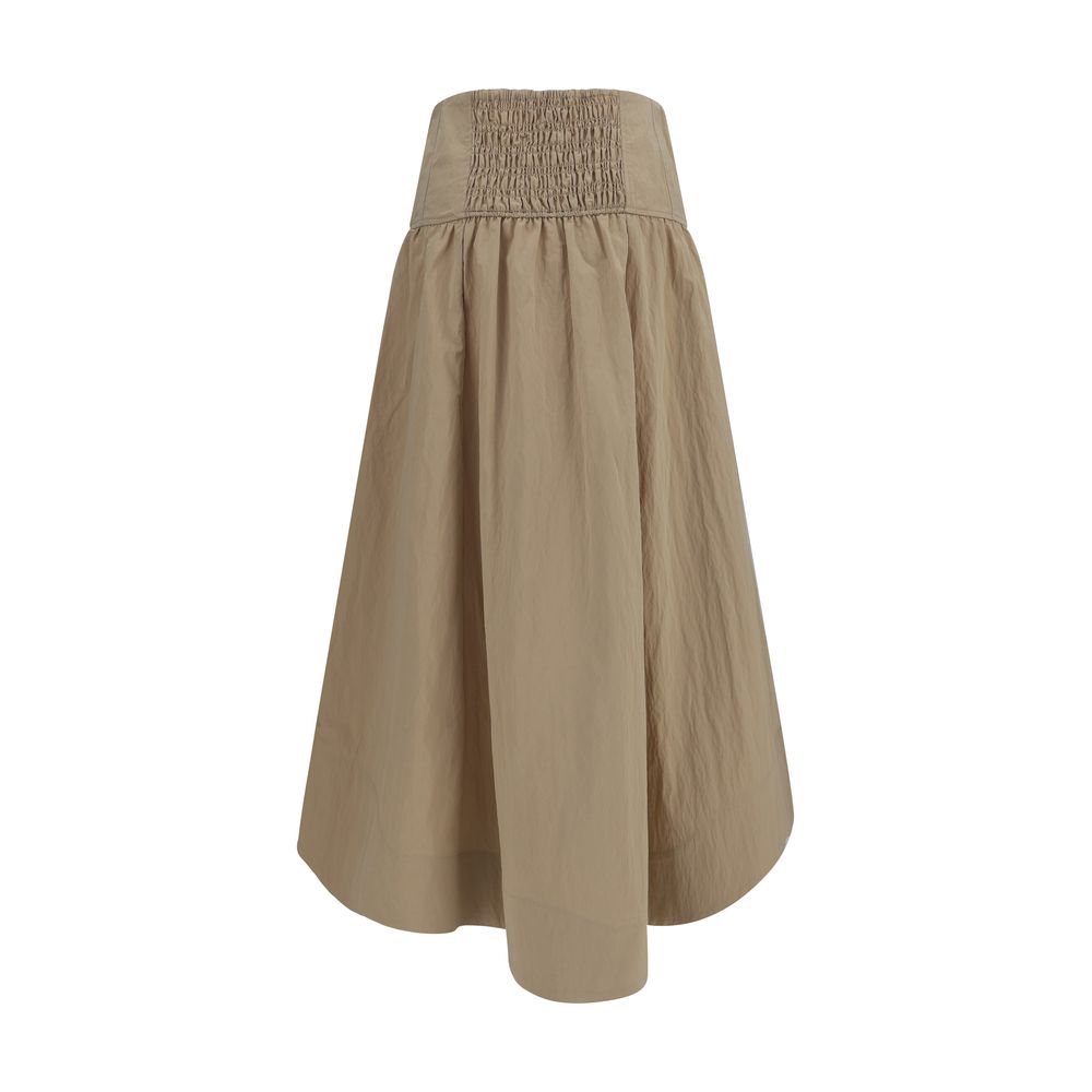 Skirt by Ganni for women in polyamide cotton beige features an relaxed-yet-refined silhouette that elegantly showcases the Women's Gathered Polyamide Cotton Midi Skirt design and sophisticated midi.