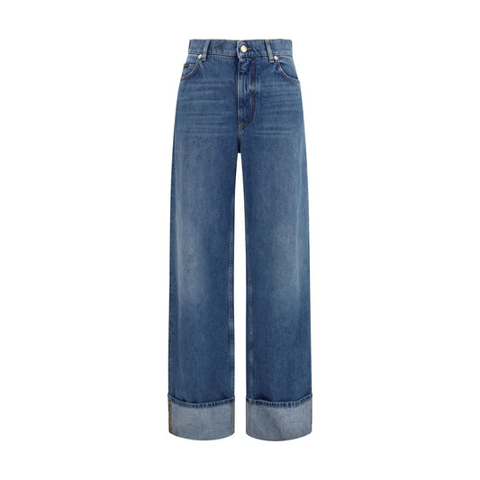 Jeans by Dolce & Gabbana for women in denim cotton blue & multicolor features an sophisticated low rise and straight-leg & regular-fit with a precise long, creating a sophisticated and sophisticated silhouette.
