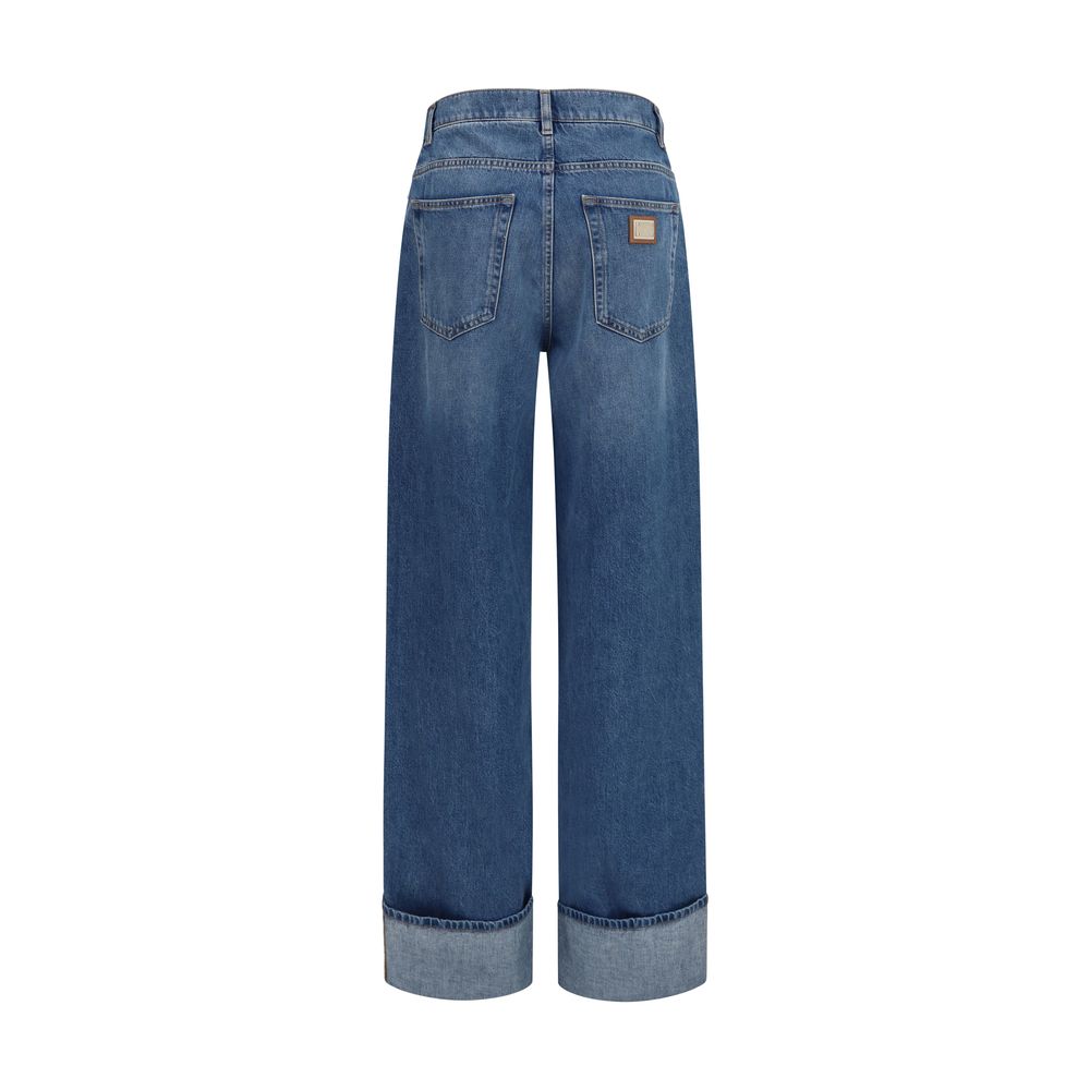 Jeans by Dolce & Gabbana for women in denim cotton blue & multicolor features an refined tailoring silhouette, showcasing a premium straight-leg & regular-fit with a low rise and long cut for a refined tailoring look.