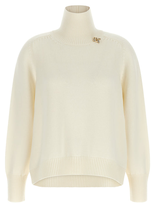 Cardigan by Fabiana Filippi for women in plush virgin wool cream, gold & white features a dramatic silhouette, showcasing a sophisticated high-neck neckline and dramatic detail for a timeless, premium look.