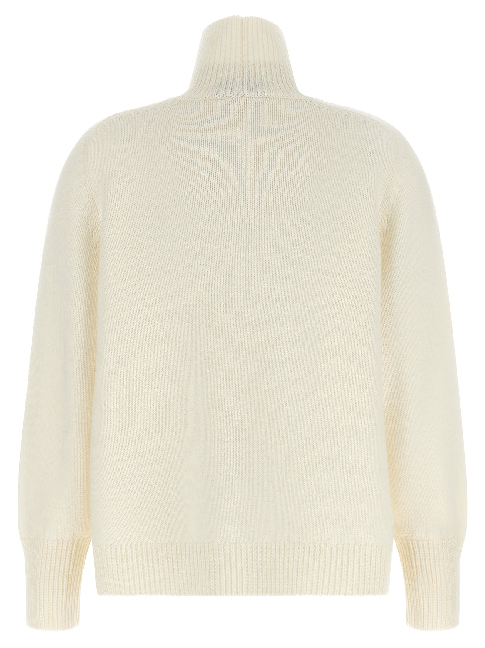 Cardigan by Fabiana Filippi for women in plush virgin wool cream, gold & white features a nuanced silhouette with a refined high-neck neckline and nuanced detailing for a sophisticated look.