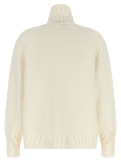 Cardigan by Fabiana Filippi for women in plush virgin wool cream, gold & white features a nuanced silhouette with a refined high-neck neckline and nuanced detailing for a sophisticated look.
