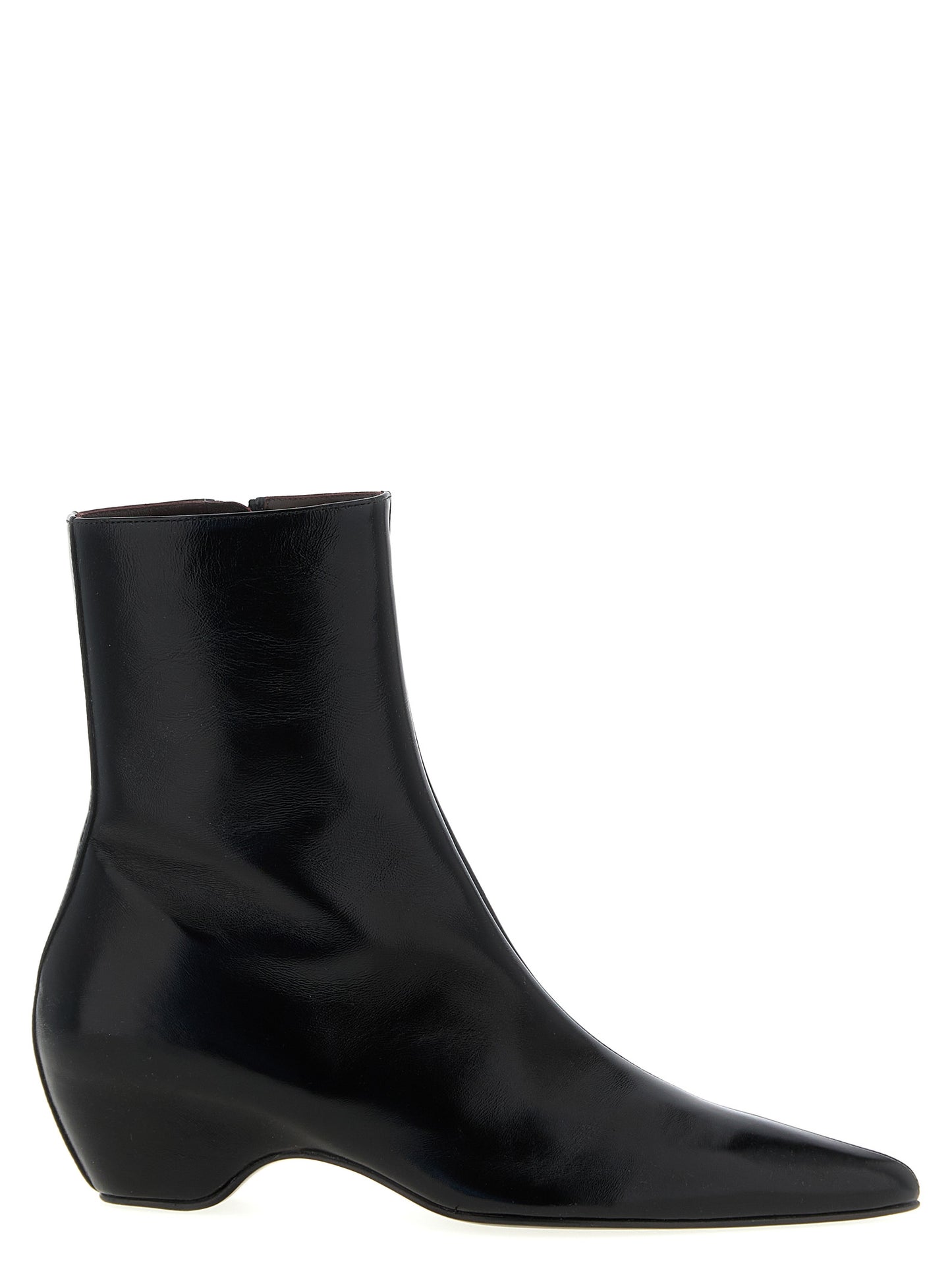 Wedge Ankle Boots by Khaite for women in calfskin leather black features an effortless chic silhouette from the Women's Calfskin Leather Wedge Ankle Boots collection, showcasing a effortless chic wedge and refined pointed toe style for an effortless chic look.