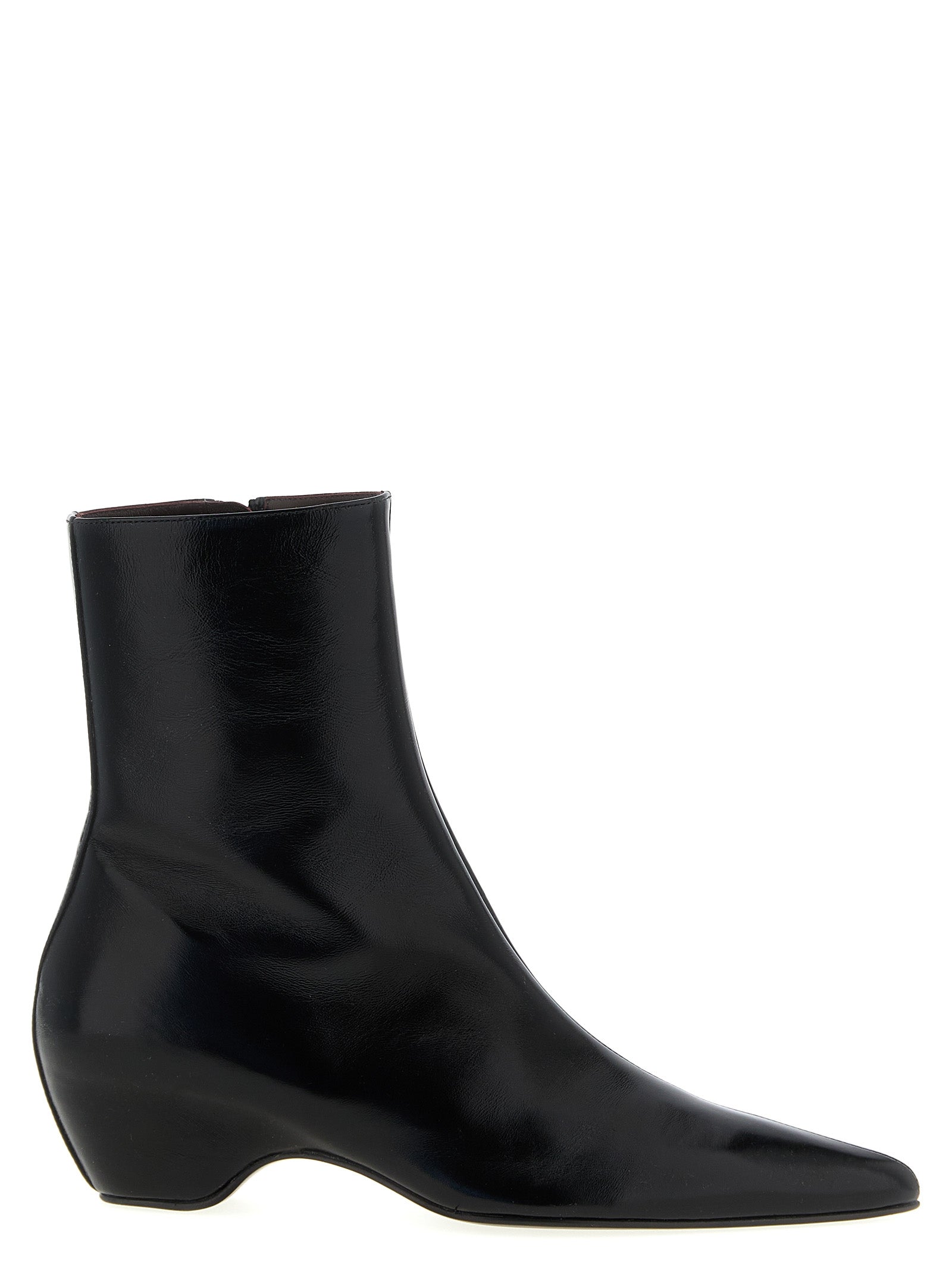 Wedge Ankle Boots by Khaite for women in calfskin leather black features an effortless chic silhouette from the Women's Calfskin Leather Wedge Ankle Boots collection, showcasing a effortless chic wedge and refined pointed toe style for an effortless chic look.