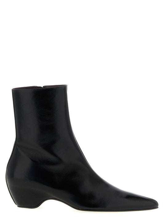 Wedge Ankle Boots by Khaite for women in calfskin leather black features an effortless chic silhouette from the Women's Calfskin Leather Wedge Ankle Boots collection, showcasing a effortless chic wedge and refined pointed toe style for an effortless chic look.