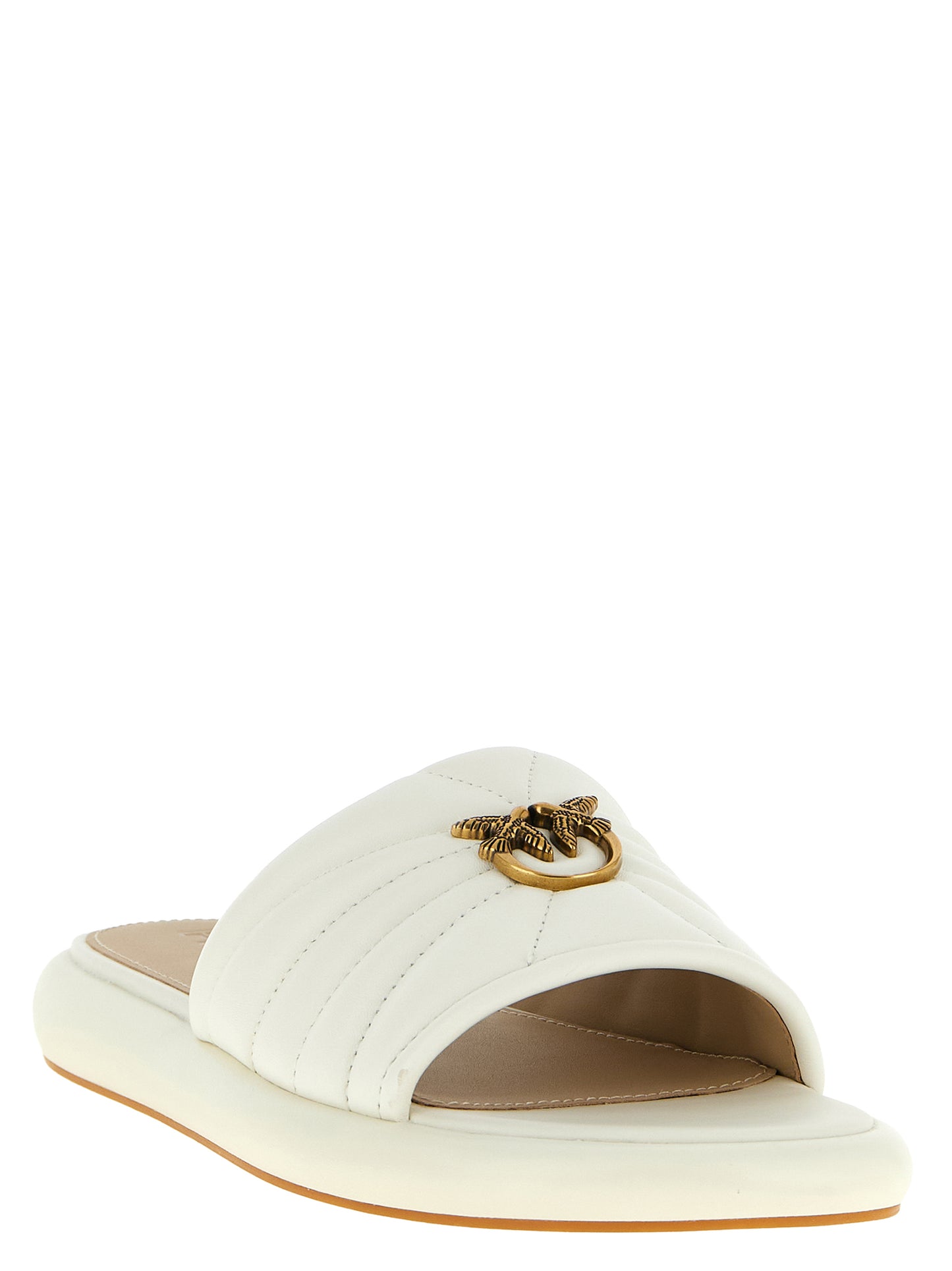 Sliders Flat Shoes by PINKO for women in nappa lambskin leather white showcases a dynamic silhouette, artfully capturing Love Birds Women's Nappa Lambskin Leather Sliders Flat Shoes through its distinctive and elegant .