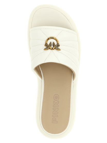 Sliders Flat Shoes by PINKO for women in nappa lambskin leather white presents a impeccable silhouette as Love Birds Women's Nappa Lambskin Leather Sliders Flat Shoes, artfully designed with a and a impeccable for a refined, upscale finish.
