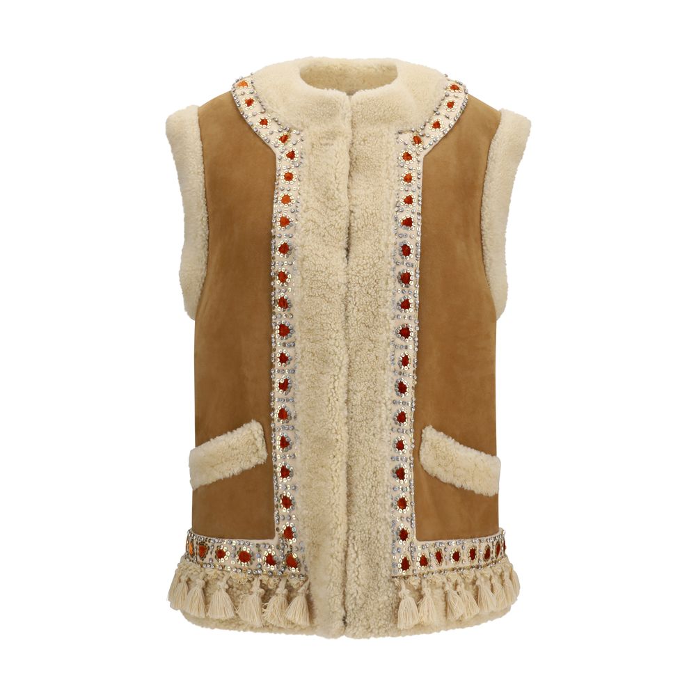 Vest by Valentino Garavani for women in suede leather fur & rhinestone beige features a stylish silhouette, showcasing distinct pockets and a refined crew high-collar neckline for a truly stylish finish.
