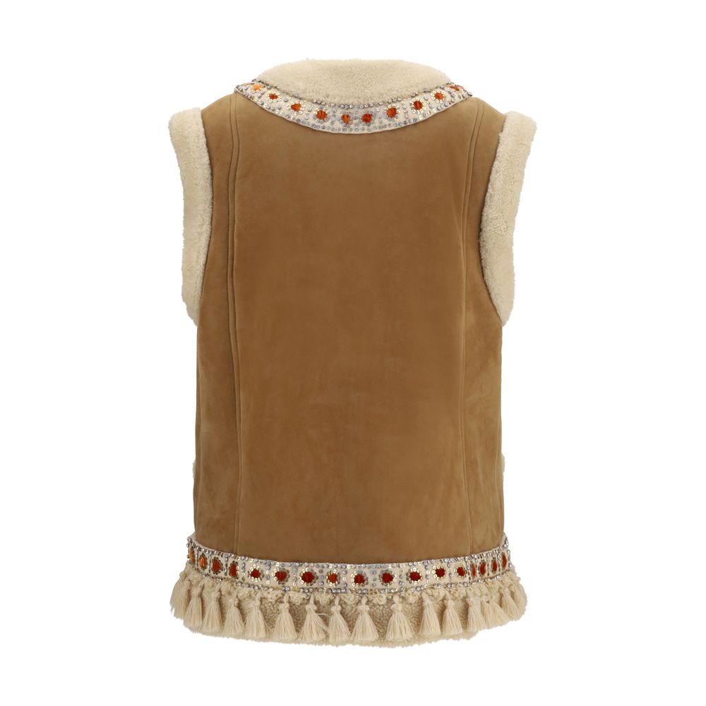 Vest by Valentino Garavani for women in suede leather fur & rhinestone beige features an contemporary silhouette, showcasing refined pockets and a contemporary crew high-collar neckline for a sophisticated layered look.