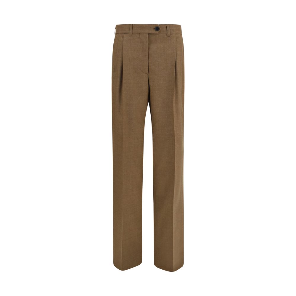 Trousers by Prada for women in merino wool brown presents a perennial silhouette, meticulously tailored with a straight, regular-fit & wide cut, long finish, and an elegant .