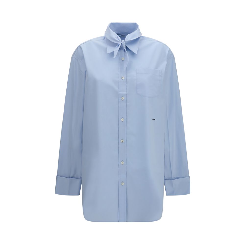 Shirt by Prada for women in cotton blue & pearl showcases a sleek silhouette, elegantly detailed with a sleek and long-sleeve for a sleek finish.