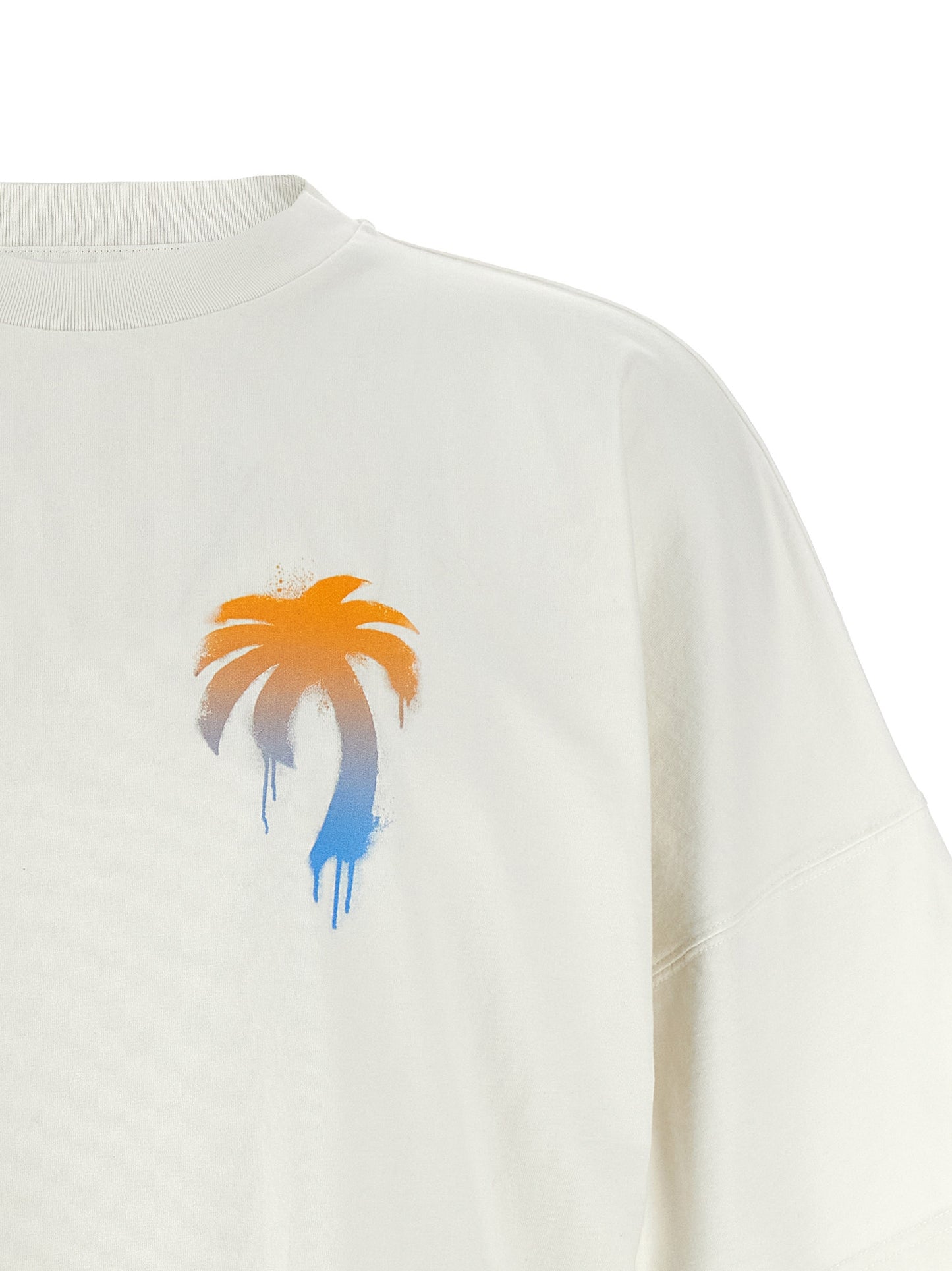 T-Shirt by Palm Angels for men in polyamide cotton white & print showcases a dramatic silhouette, elegantly detailed with a dramatic crew neckline and for a truly dramatic finish.
