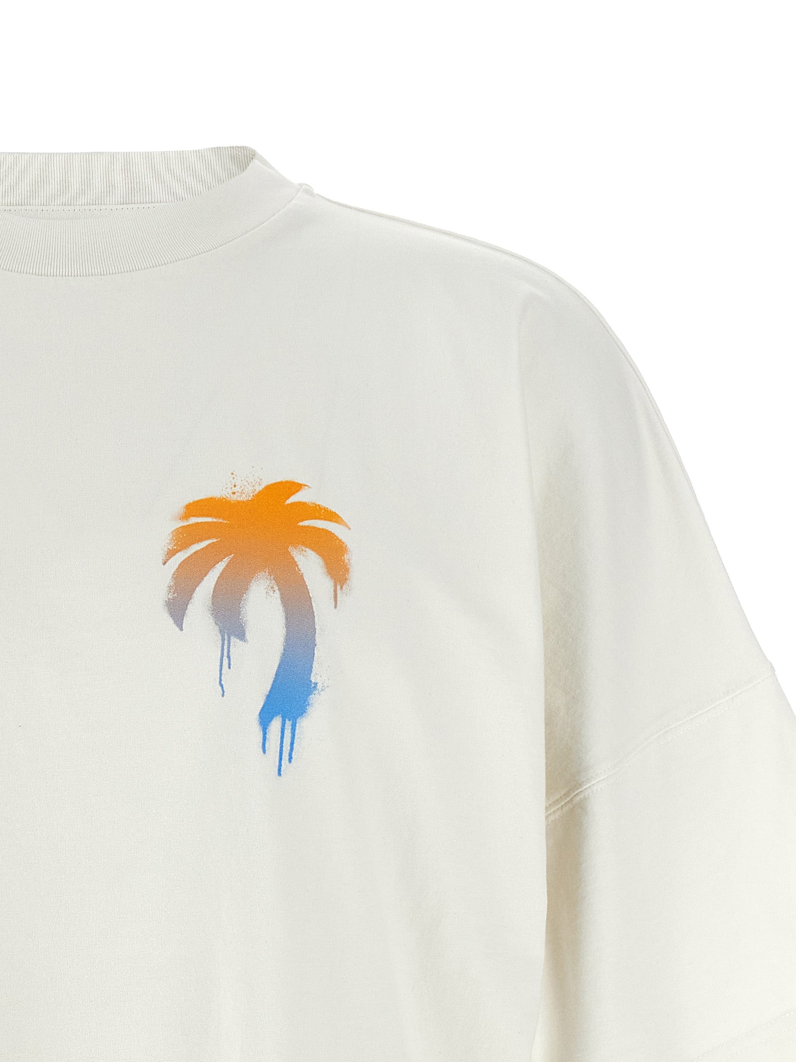 T-Shirt by Palm Angels for men in polyamide cotton white & print showcases a dramatic silhouette, elegantly detailed with a dramatic crew neckline and for a truly dramatic finish.