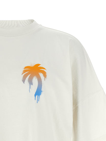 T-Shirt by Palm Angels for men in polyamide cotton white & print showcases a dramatic silhouette, elegantly detailed with a dramatic crew neckline and for a truly dramatic finish.