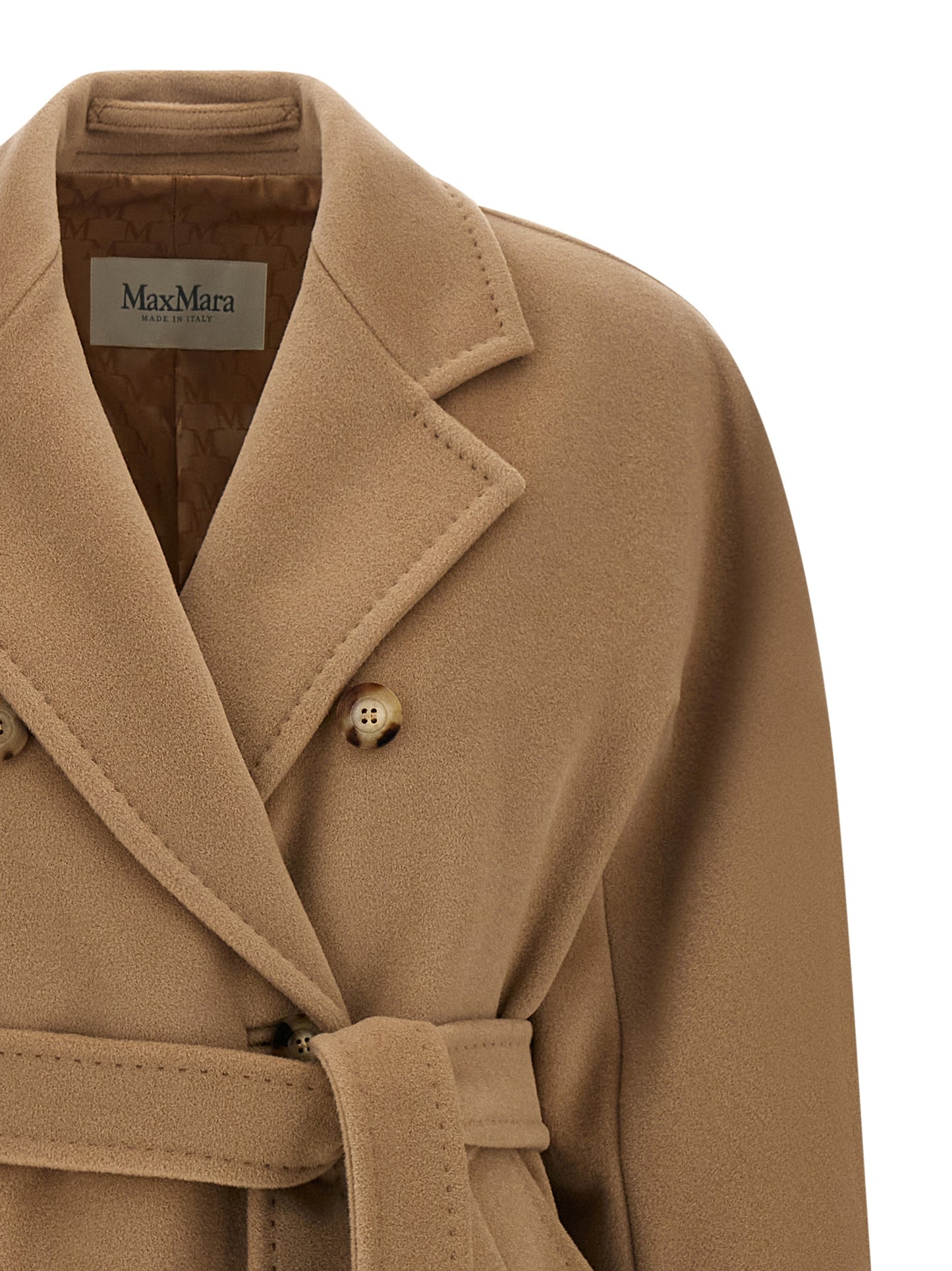 Trench Coat by Max Mara for women in virgin cashmere wool beige & horn features an dramatic silhouette, perfectly showcasing the elegant and sophisticated for a truly dramatic aesthetic.