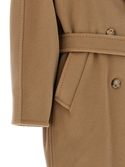 Trench Coat by Max Mara for women in virgin cashmere wool beige & horn presents a distinguished silhouette, artfully detailed with and a distinguished for a sophisticated, distinguished finish.
