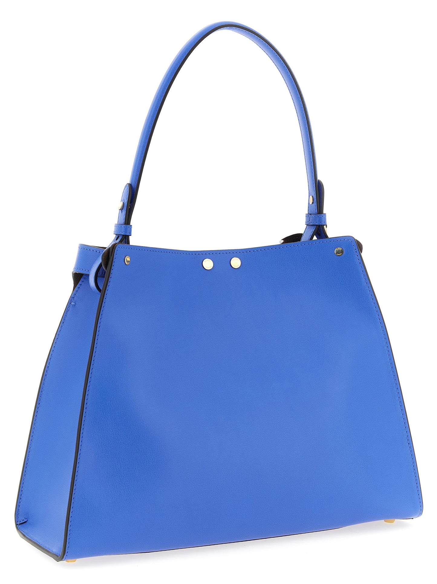 Medium Handbag by Fendi for women in calfskin leather blue & gold features a exquisite silhouette, showcasing a secure snap & button and exquisite with versatile adjustable-strap & handle for a exquisite finish.