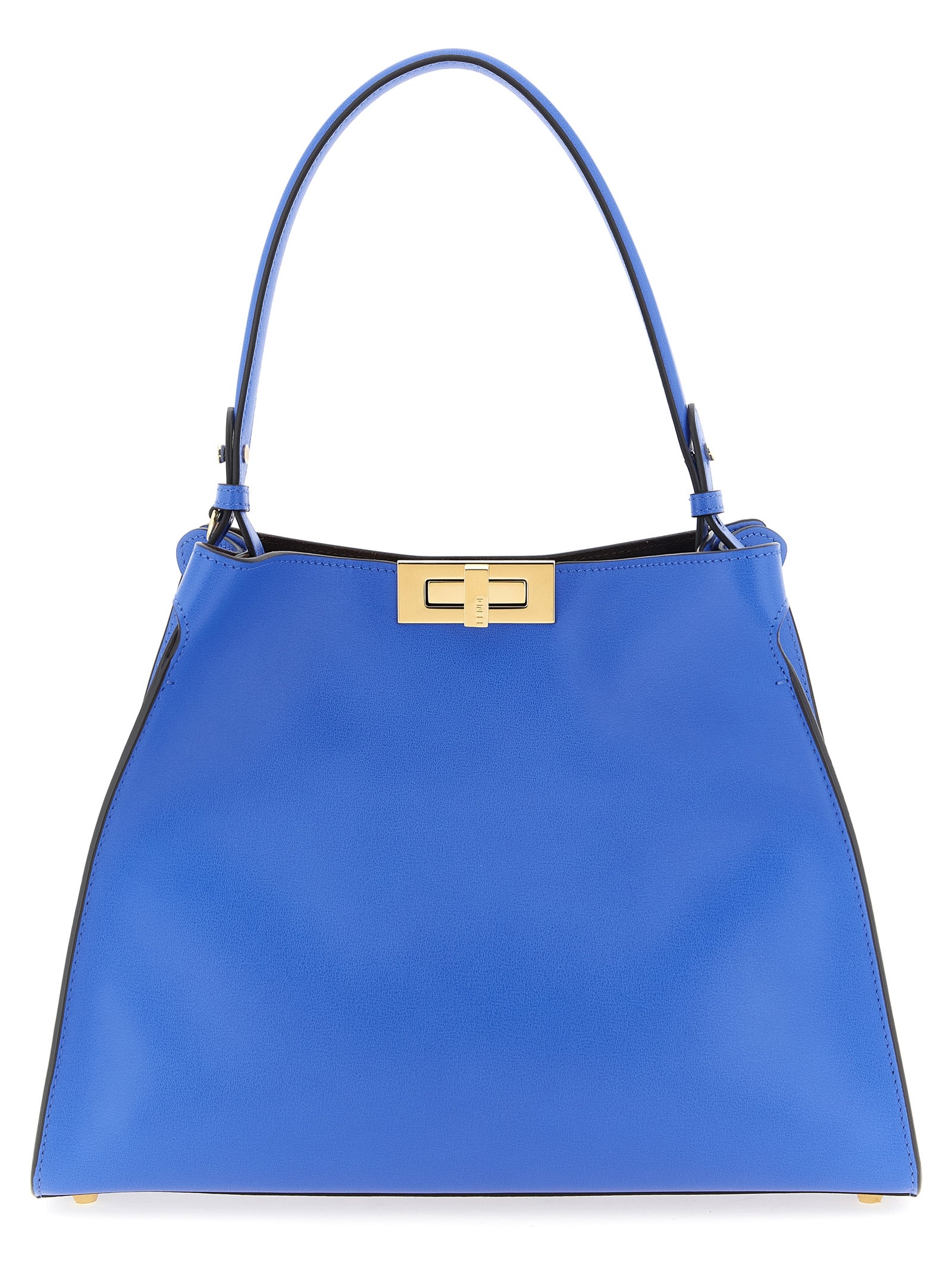 Medium Handbag by Fendi for women in calfskin leather blue & gold presents a ornamental silhouette, showcasing a secure snap & button, ample , and versatile adjustable-strap & handle for a ornamental finish.