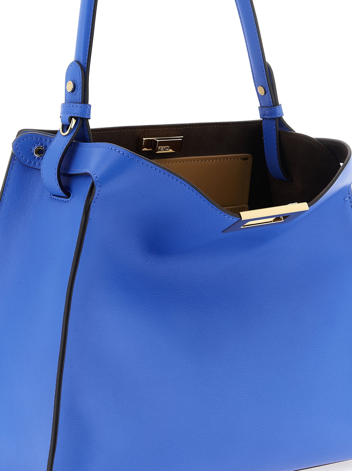 Medium Handbag by Fendi for women in calfskin leather blue & gold features a ornamental silhouette, showcasing a secure snap & button, ample , and ornamental adjustable-strap & handle for a sophisticated look.
