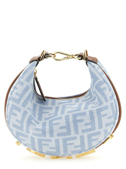 Fendi Fendigraphy Calf Leather & Cotton Mini Hobo Handbag - Brown Gold Light Blue Patterned Monogram