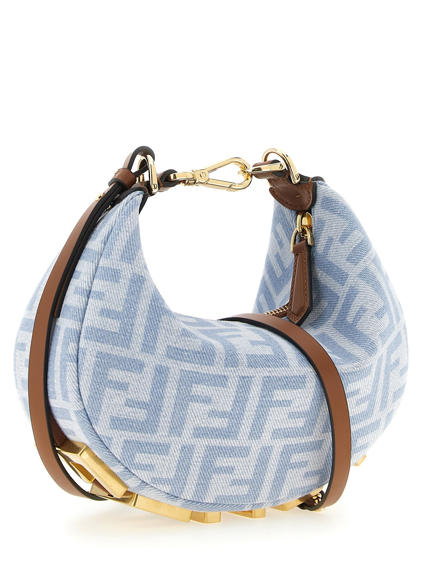 Fendi Fendigraphy Calf Leather & Cotton Mini Hobo Handbag - Brown Gold Light Blue Patterned Monogram