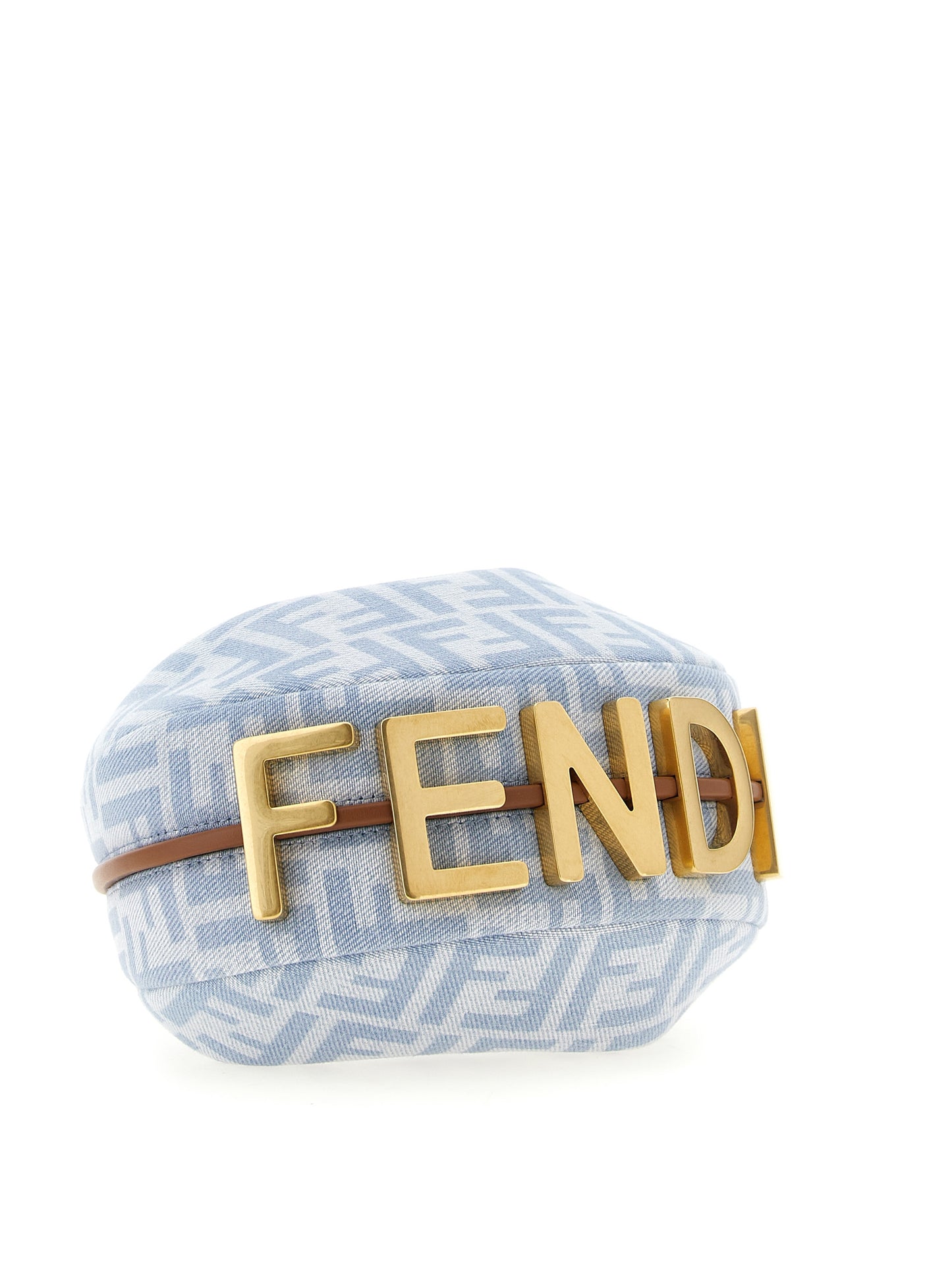 Fendi Fendigraphy Calf Leather & Cotton Mini Hobo Handbag - Brown Gold Light Blue Patterned Monogram
