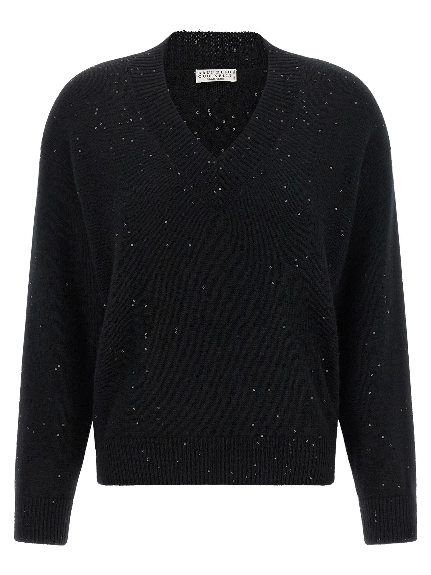 Cardigan by Brunello Cucinelli for women in silk cashmere & sequins black showcases a luxurious silhouette, meticulously detailed with a sophisticated v-neck neckline and for a refined finish.