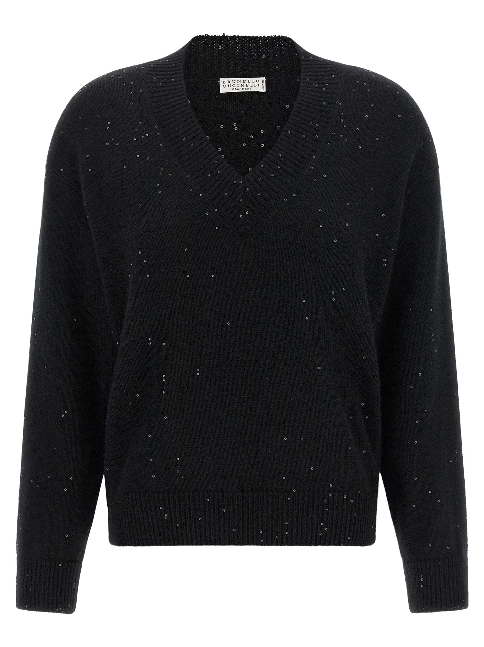 Cardigan by Brunello Cucinelli for women in silk cashmere & sequins black showcases a luxurious silhouette, meticulously detailed with a sophisticated v-neck neckline and for a refined finish.