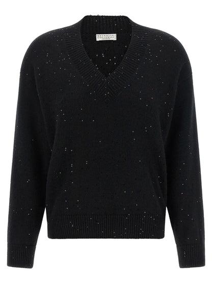 Cardigan by Brunello Cucinelli for women in silk cashmere & sequins black showcases a luxurious silhouette, meticulously detailed with a sophisticated v-neck neckline and for a refined finish.