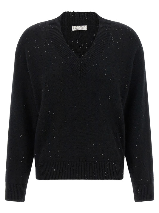 Cardigan by Brunello Cucinelli for women in silk cashmere & sequins black showcases a luxurious silhouette, meticulously detailed with a sophisticated v-neck neckline and for a refined finish.